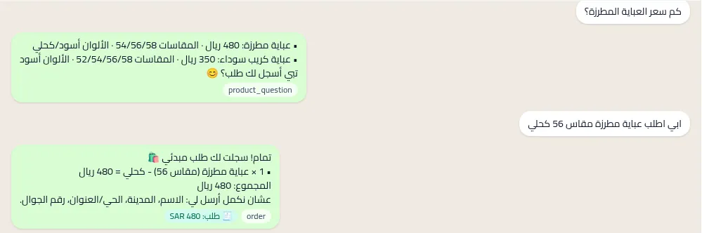 TechoBot test chat in Arabic: a customer asks for an embroidered abaya price and the bot replies with prices, sizes and colours, then records the order.